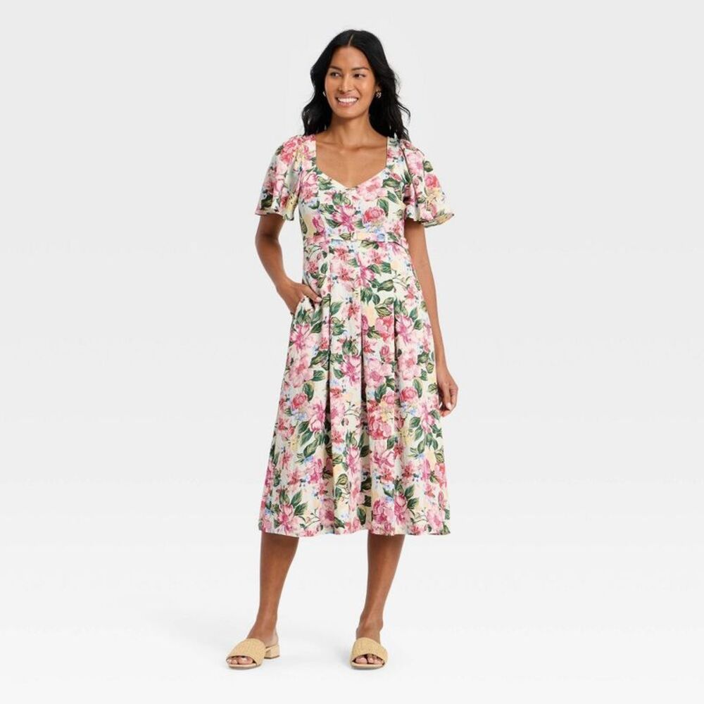 a new day Pink & Cream Floral Midi Dress with Puff Sleeves